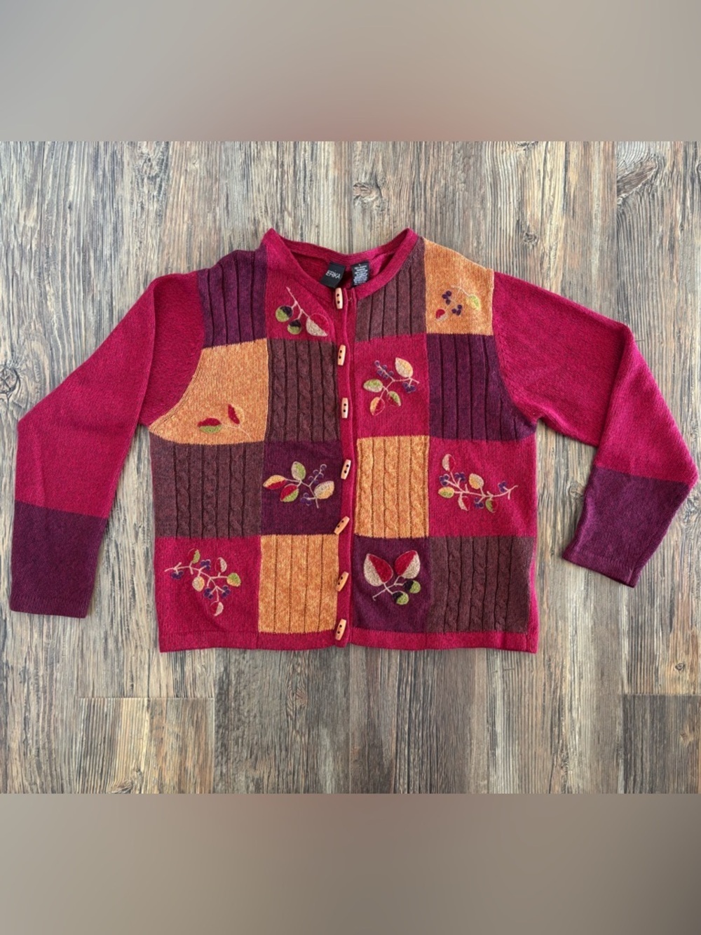 Vtg Erika Patchwork Cardigan Sweater Womens L Toggle Buttons Floral Fall Cottage